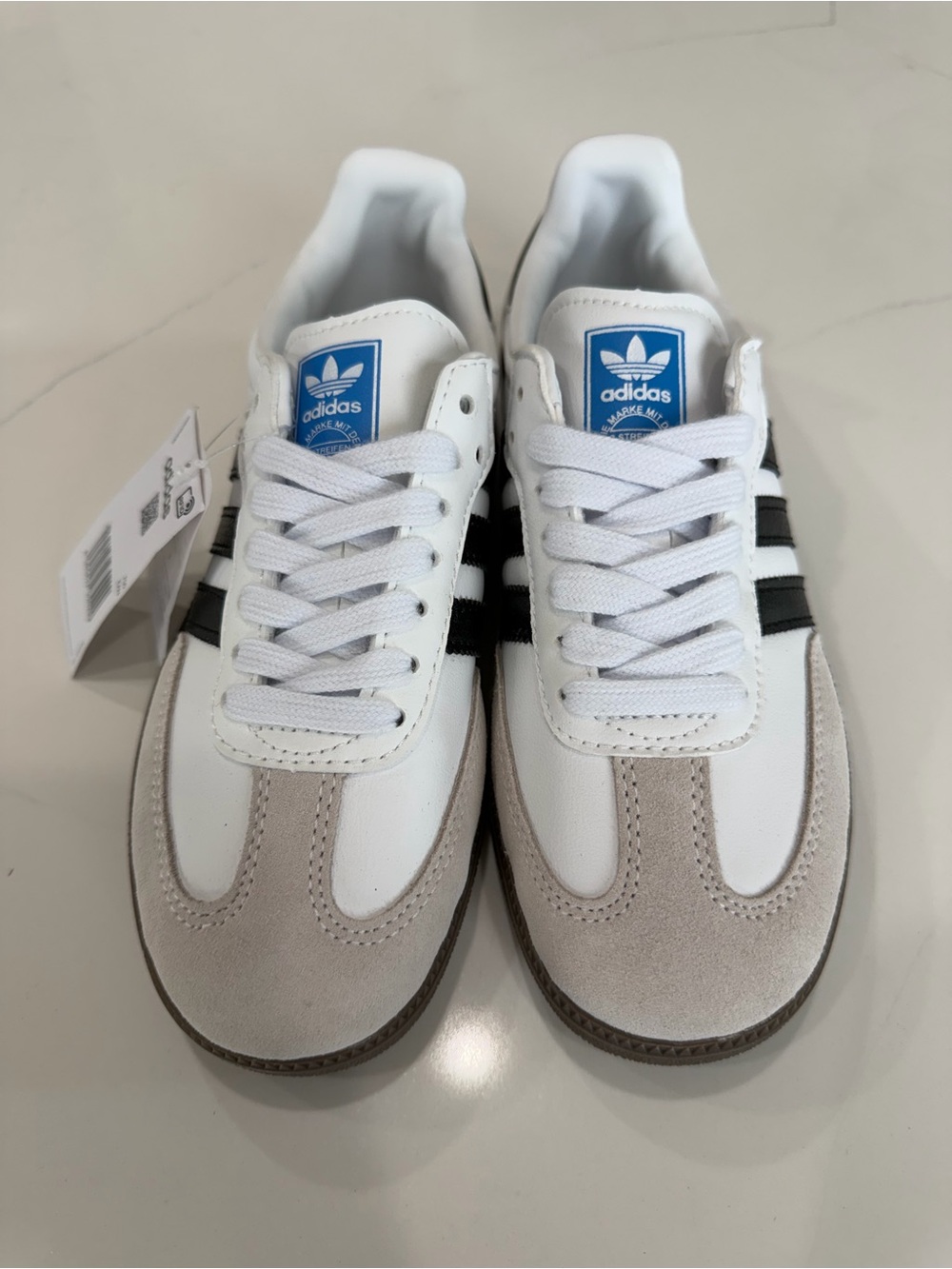 NWT Adidas Samba Men’s White Black Blue Logo Low-Top Sneakers